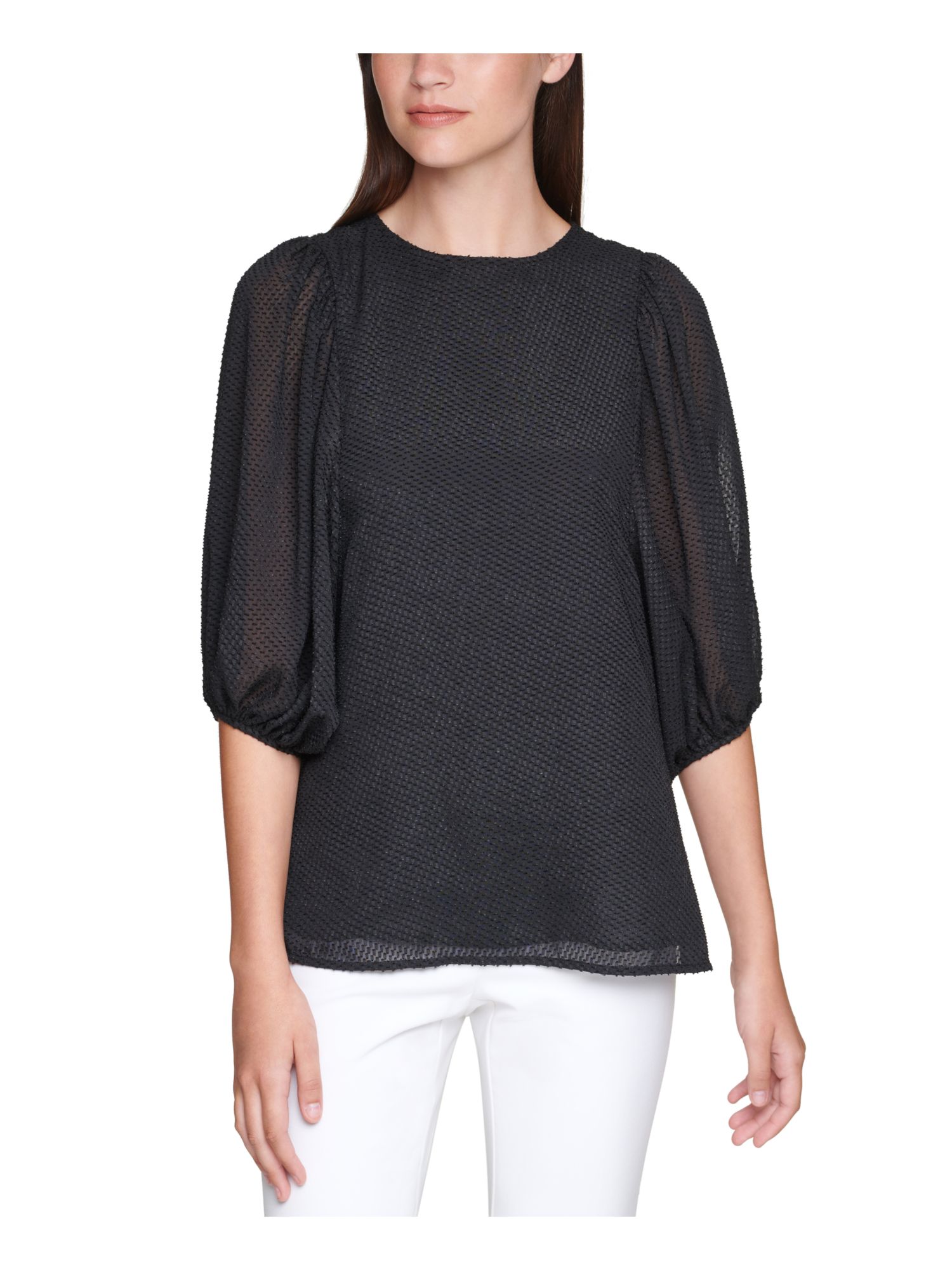 Womens Black Textured Balloon Sleeve 3/4 Sleeve Crew Neck Cocktail Top L
